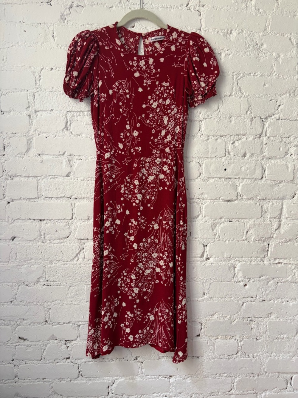 REFORMATION Women's Red Floral Midi Dress w/Slit & Puff Sleeves
